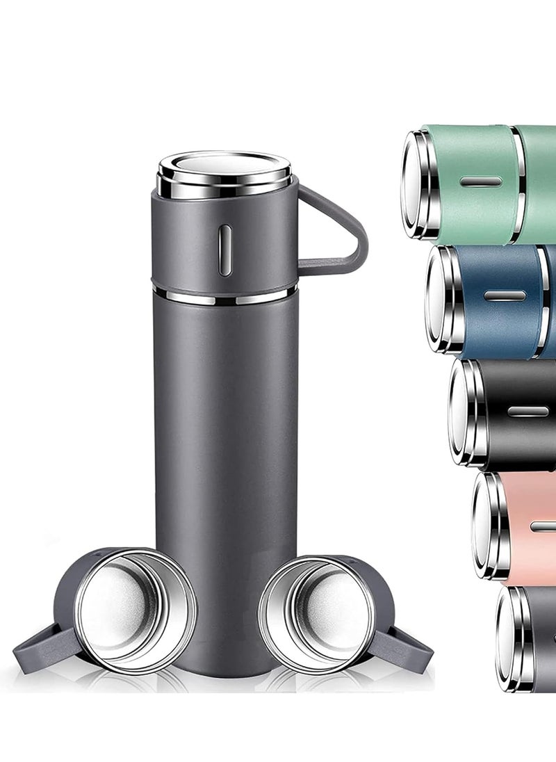 500ml Stainless Steel Vacuum Thermos Flask with Silicone Handle & Insulated Water Bottle – Set of 2 Stainless Steel Cups for Hot & Cold Beverages, Outdoor Travel Essential Gift Box (2 Pack, Grey)