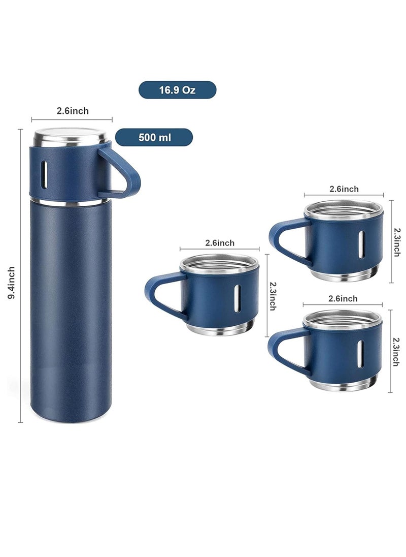 500ml Stainless Steel Vacuum Thermos Flask with Silicone Handle & Insulated Water Bottle – Set of 2 Stainless Steel Cups for Hot & Cold Beverages, Outdoor Travel, Gift Box (2 Pack, Blue).