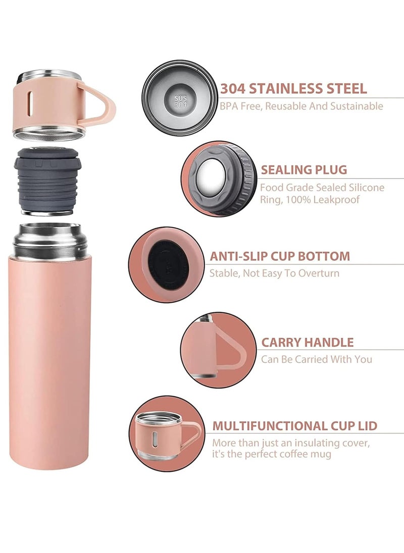 500ml Stainless Steel Vacuum Thermos Flask with Silicone Handle & Insulated Water Bottle – Set of 2 Stainless Steel Cups for Hot & Cold Beverages, Outdoor Travel, Gift Box (2 Pack Pink)