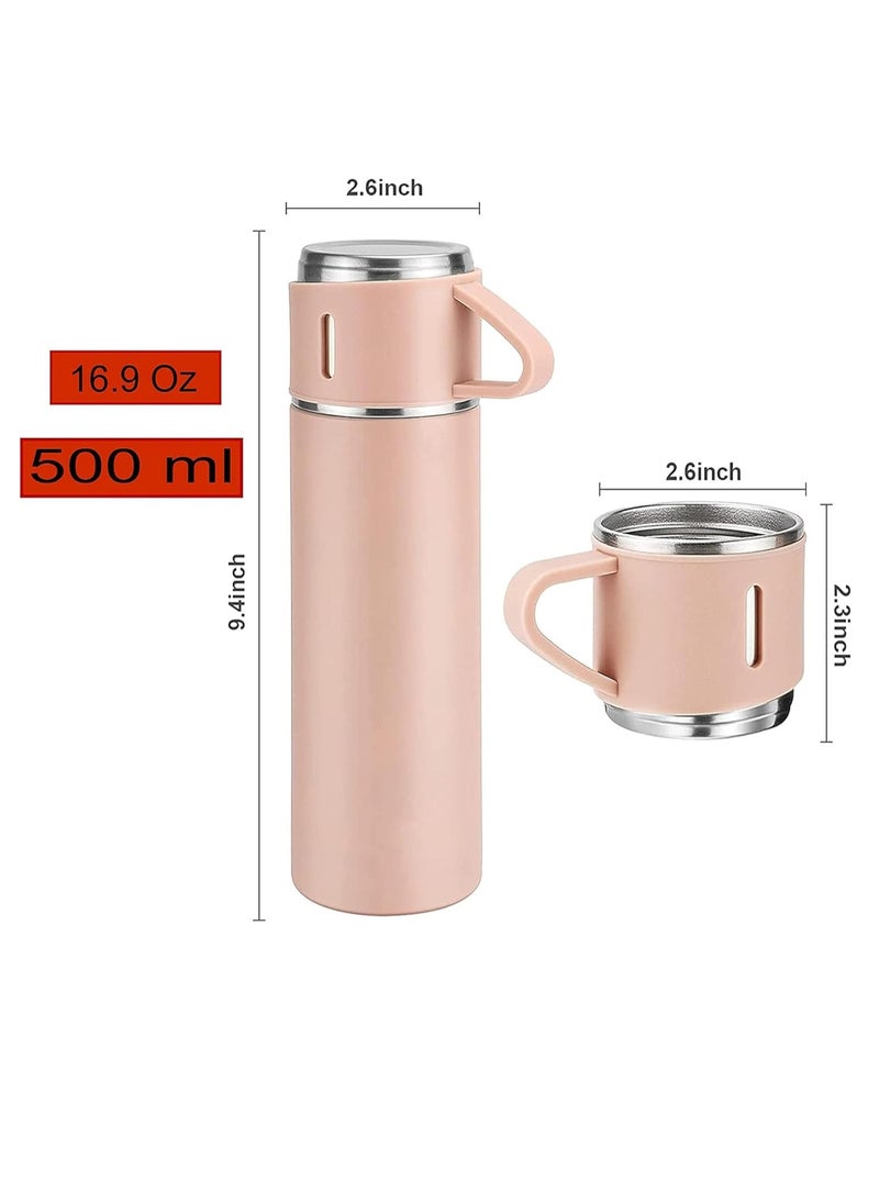 500ml Stainless Steel Vacuum Thermos Flask with Silicone Handle & Insulated Water Bottle – Set of 2 Stainless Steel Cups for Hot & Cold Beverages, Outdoor Travel, Gift Box (2 Pack Pink)