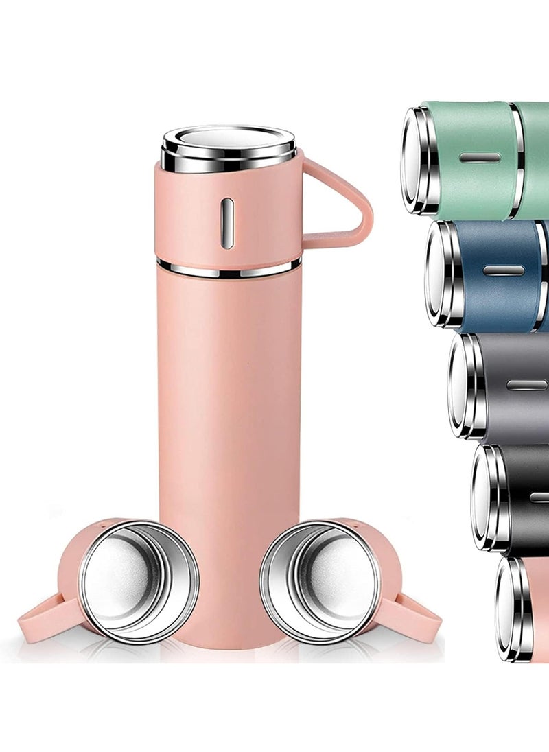 500ml Stainless Steel Vacuum Thermos Flask with Silicone Handle & Insulated Water Bottle – 2 Stainless Steel Cups Set for Hot & Cold Beverages, Outdoor Travel Gift Box (2 PACK, PINK)