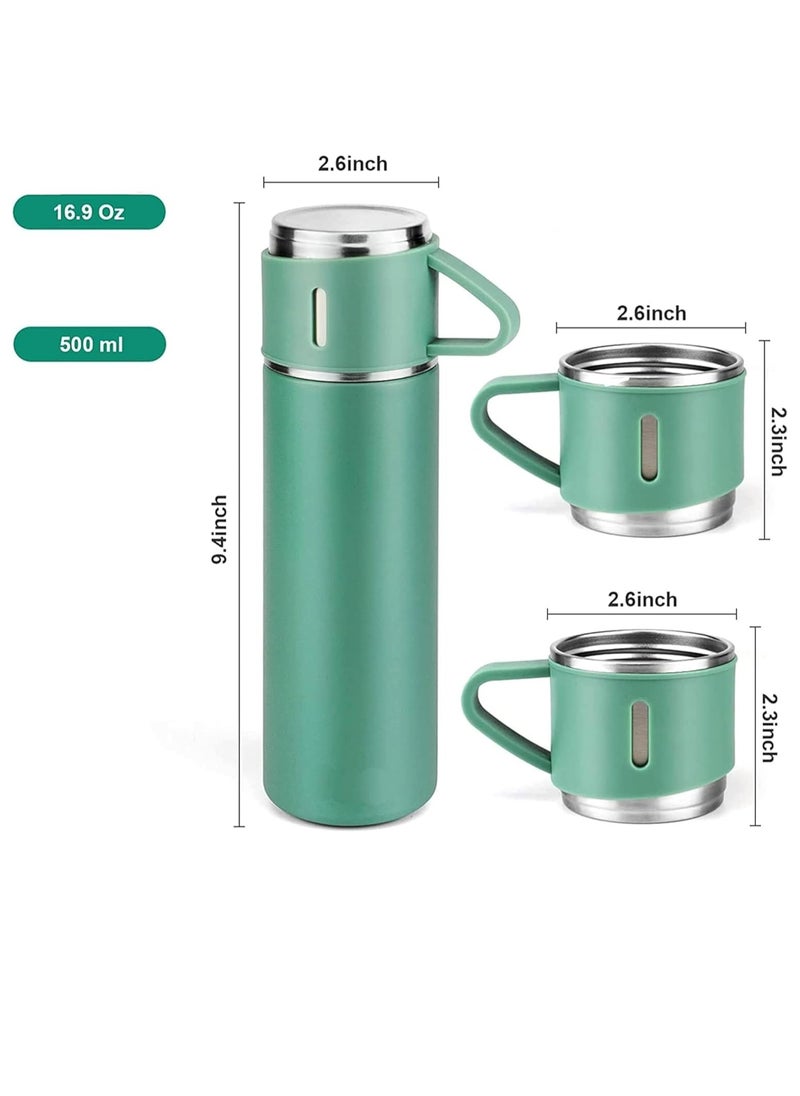 500ml Stainless Steel Vacuum Thermos Flask with Silicone Handle & Insulated Water Bottle – Set of 2 Stainless Steel Cups for Hot & Cold Beverages Outdoor Travel, Gift Box (2 Pack, Green)