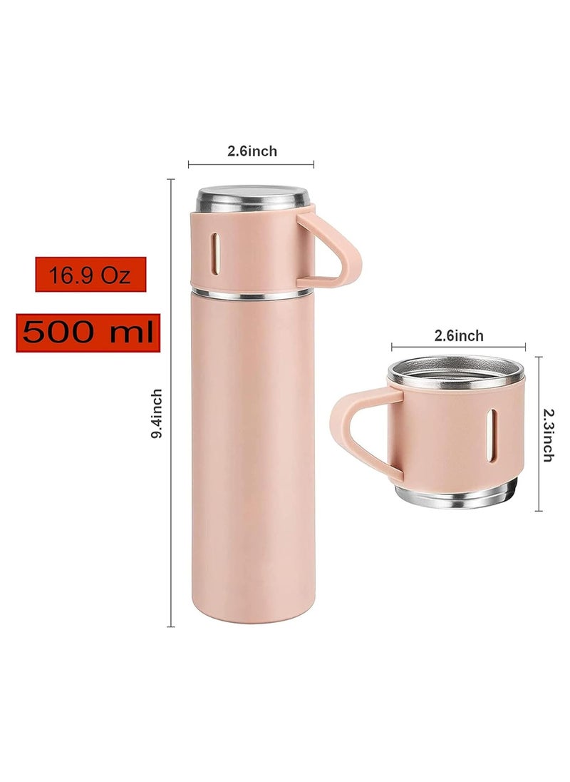 500ml Stainless Steel Vacuum Thermos Flask with Silicone Handle – Insulated Water Set with 2 Stainless Steel Cups for Hot & Cold Drinks – Ideal for Outdoor Travel, Camping. Hiking | Gift Box Set (2 PACK) PINK