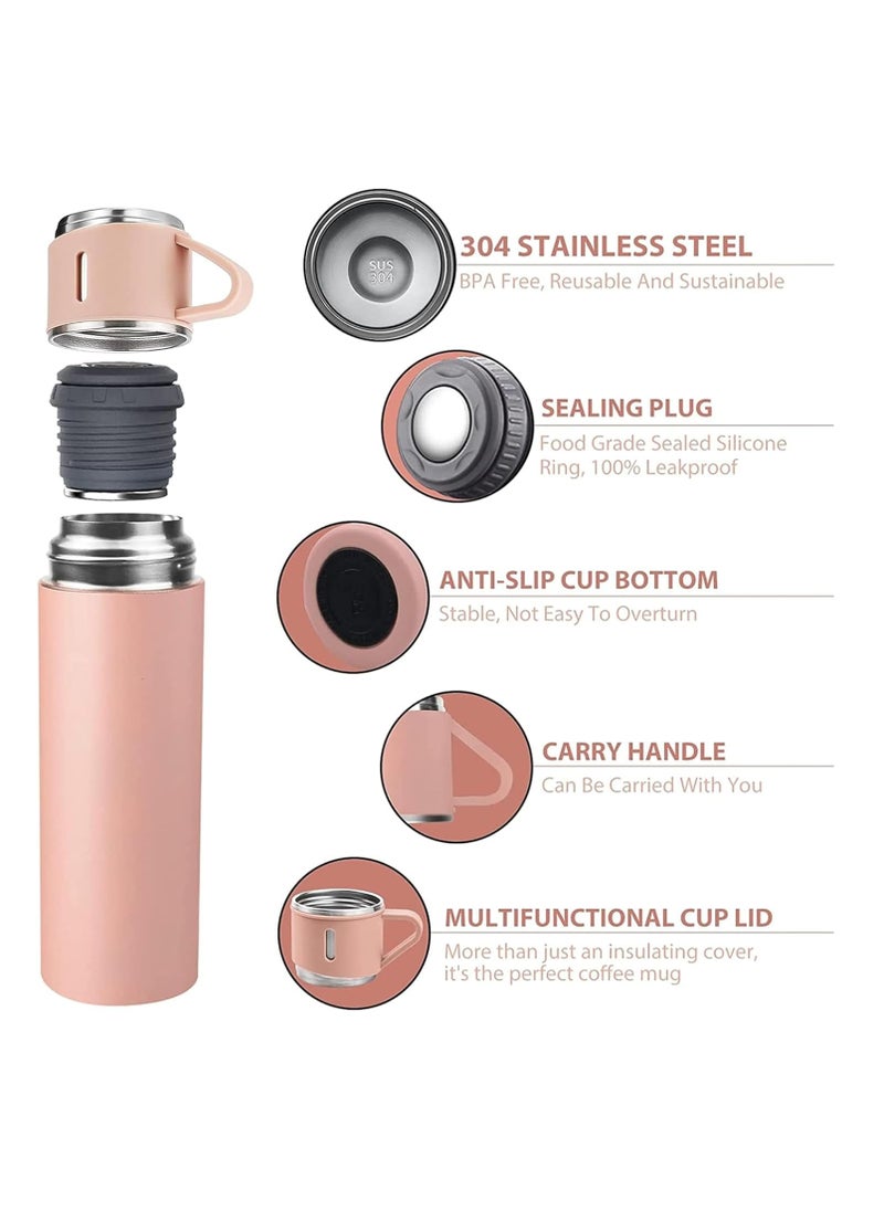 500ml Stainless Steel Vacuum Thermos Flask with Silicone Handle – Insulated Water Set with 2 Stainless Steel Cups for Hot & Cold Drinks – Ideal for Outdoor Travel, Camping. Hiking | Gift Box Set (2 PACK) PINK