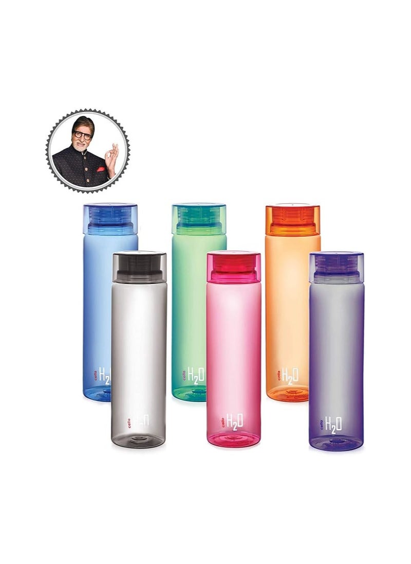 Cello H2O Unbreakable Plastic Bottle Set, 1 Litre, Set of 6, Multicolour
