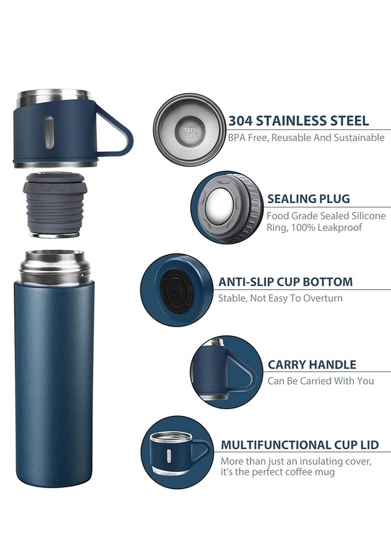 500ml Stainless Steel Vacuum Thermos Flask with Silicone Handle – Insulated Water Bottle with 2 Stainless Steel Cups Set | Gift Box (2 PACK, BLUE) – Perfect for Hiking, Camping & Travel, Hot & Cold Drinks