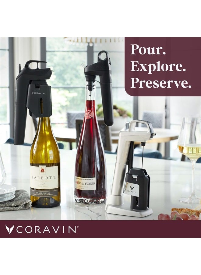 Timeless Three Plus Wine Preservation System - By-the-Glass Wine Saver - With 2 Pure Argon Gas Capsules & Wine Aerator - Black