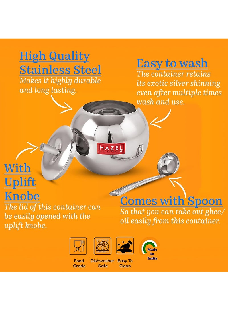 HAZEL Stainless Steel Oil and Ghee Container With Spoon for Kitchen | 320 ml Capacity Multipurpose Oil Container