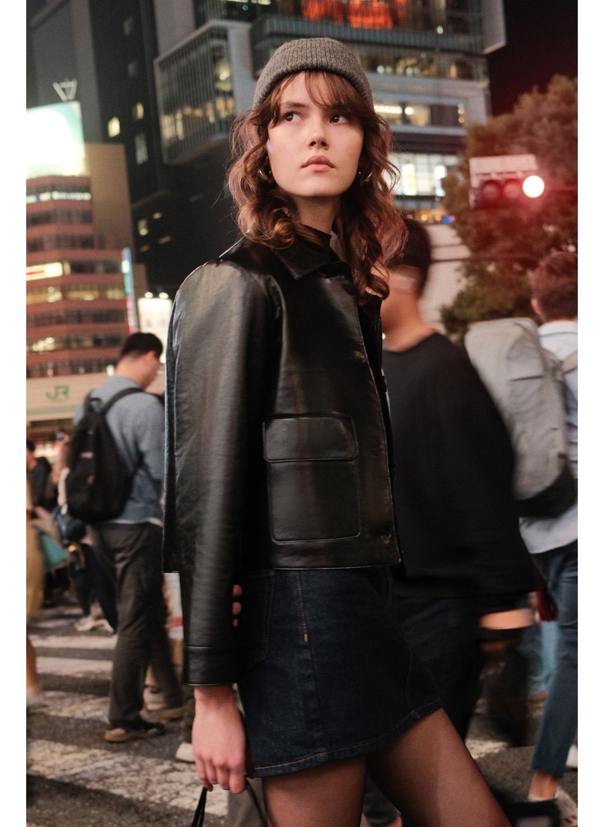 Leather Short Jacket Black