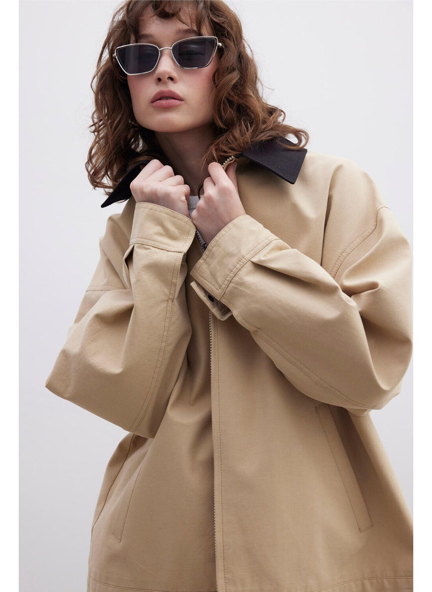 Contrast Collar Gabardine Jacket Camel