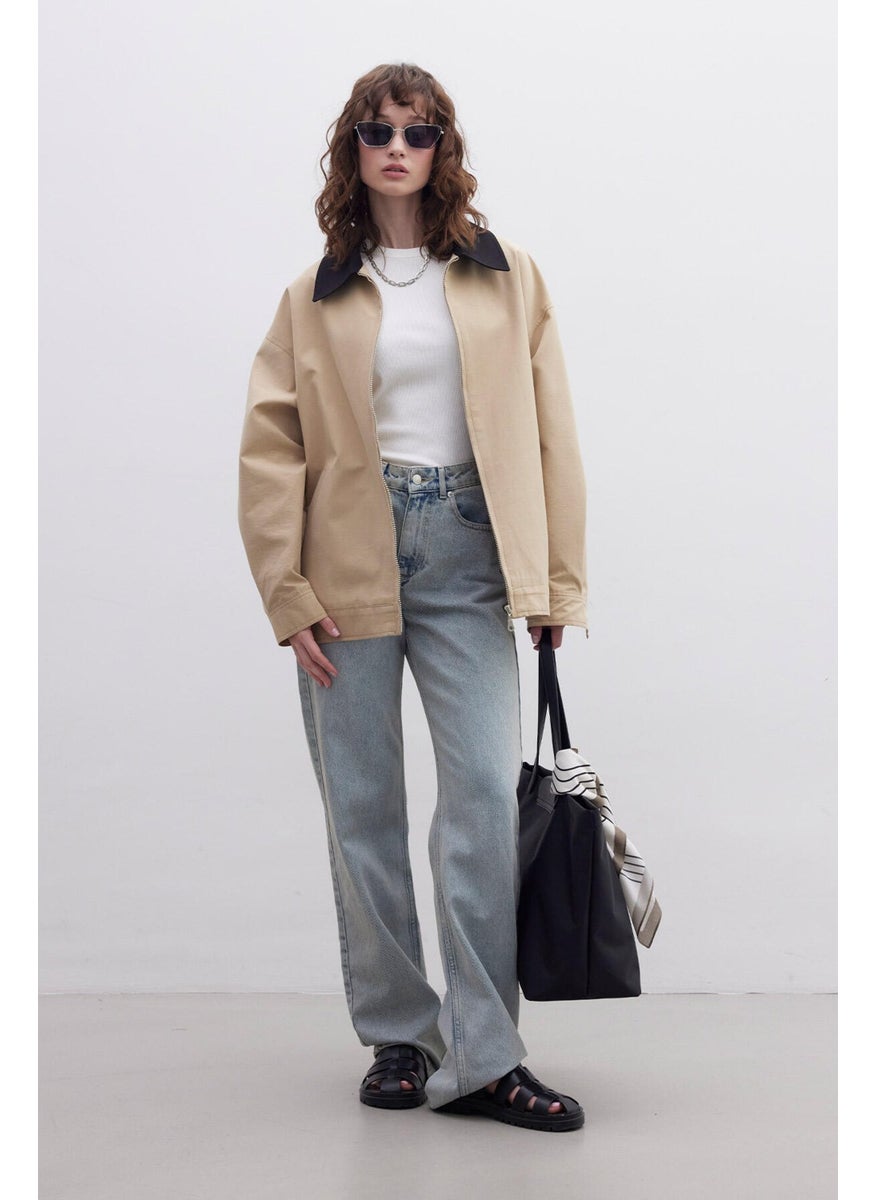 Contrast Collar Gabardine Jacket Camel