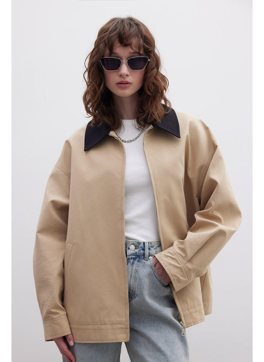 Contrast Collar Gabardine Jacket Camel