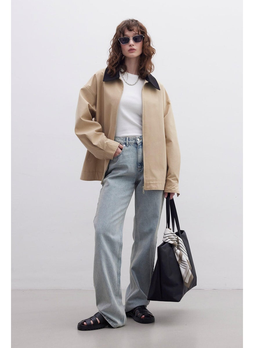 Contrast Collar Gabardine Jacket Camel