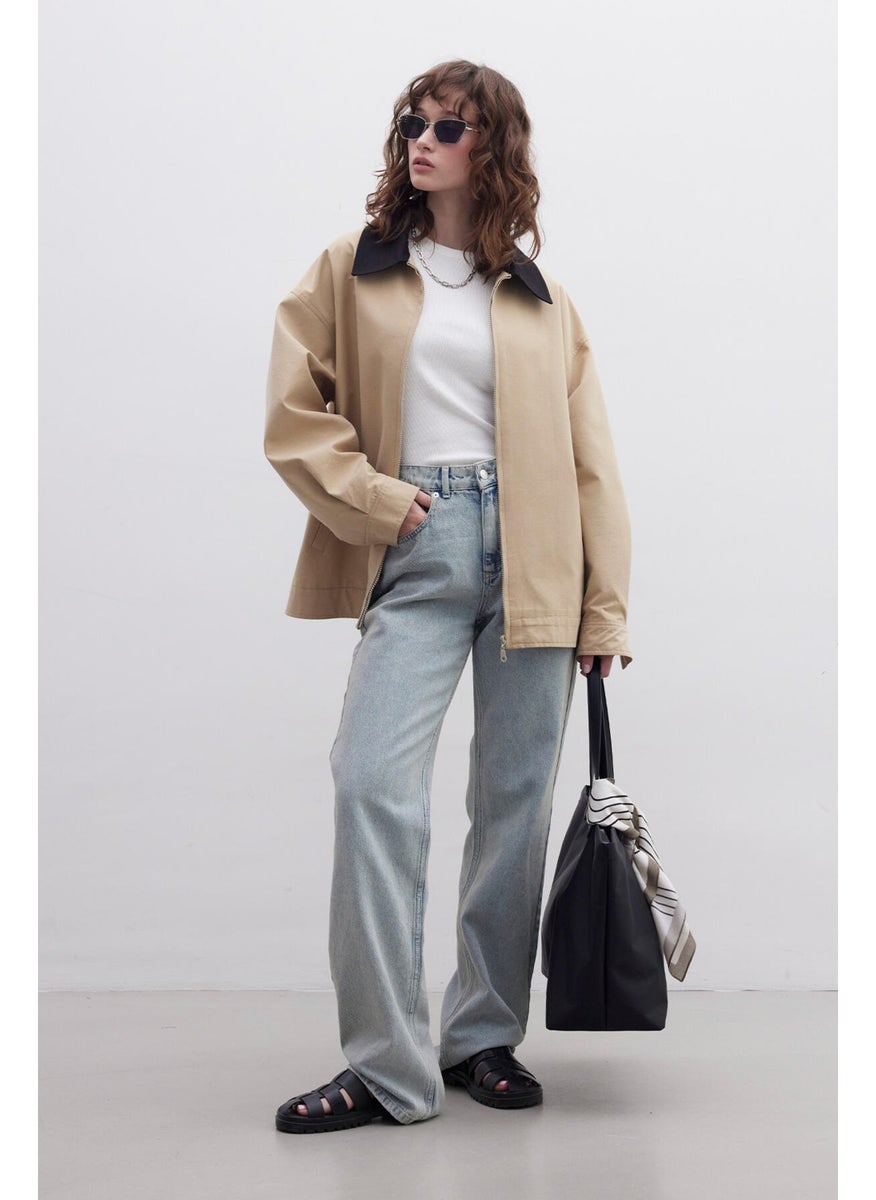 Contrast Collar Gabardine Jacket Camel