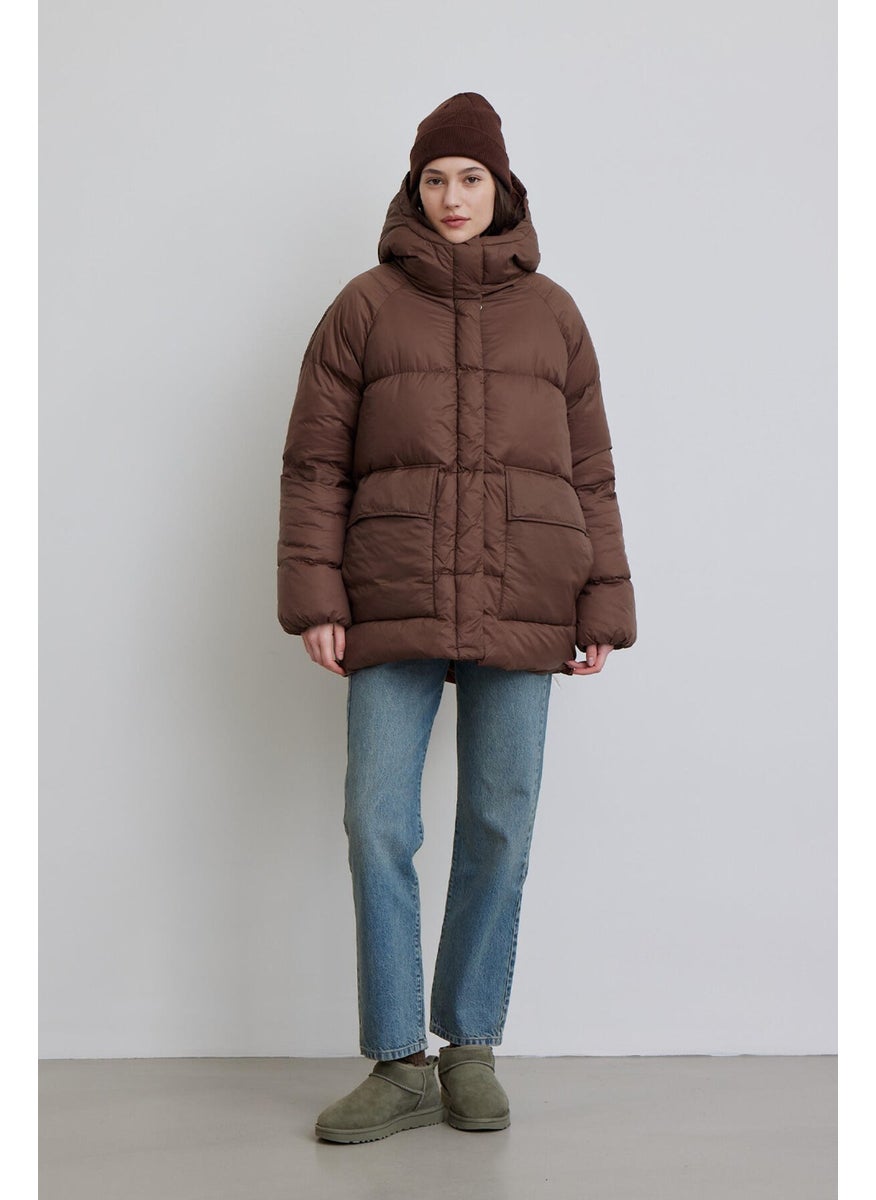 Oversize Pocketed Puffer Jacket Brown