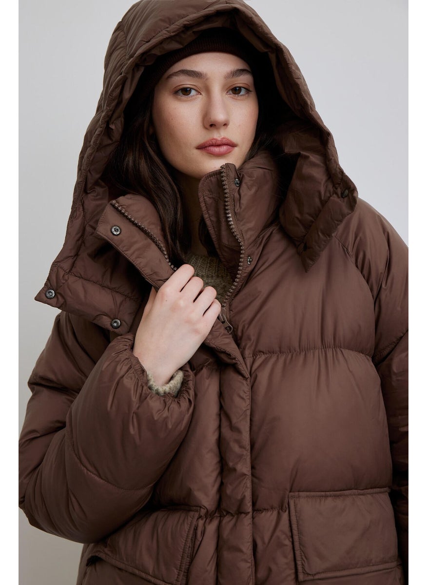 Oversize Pocketed Puffer Jacket Brown