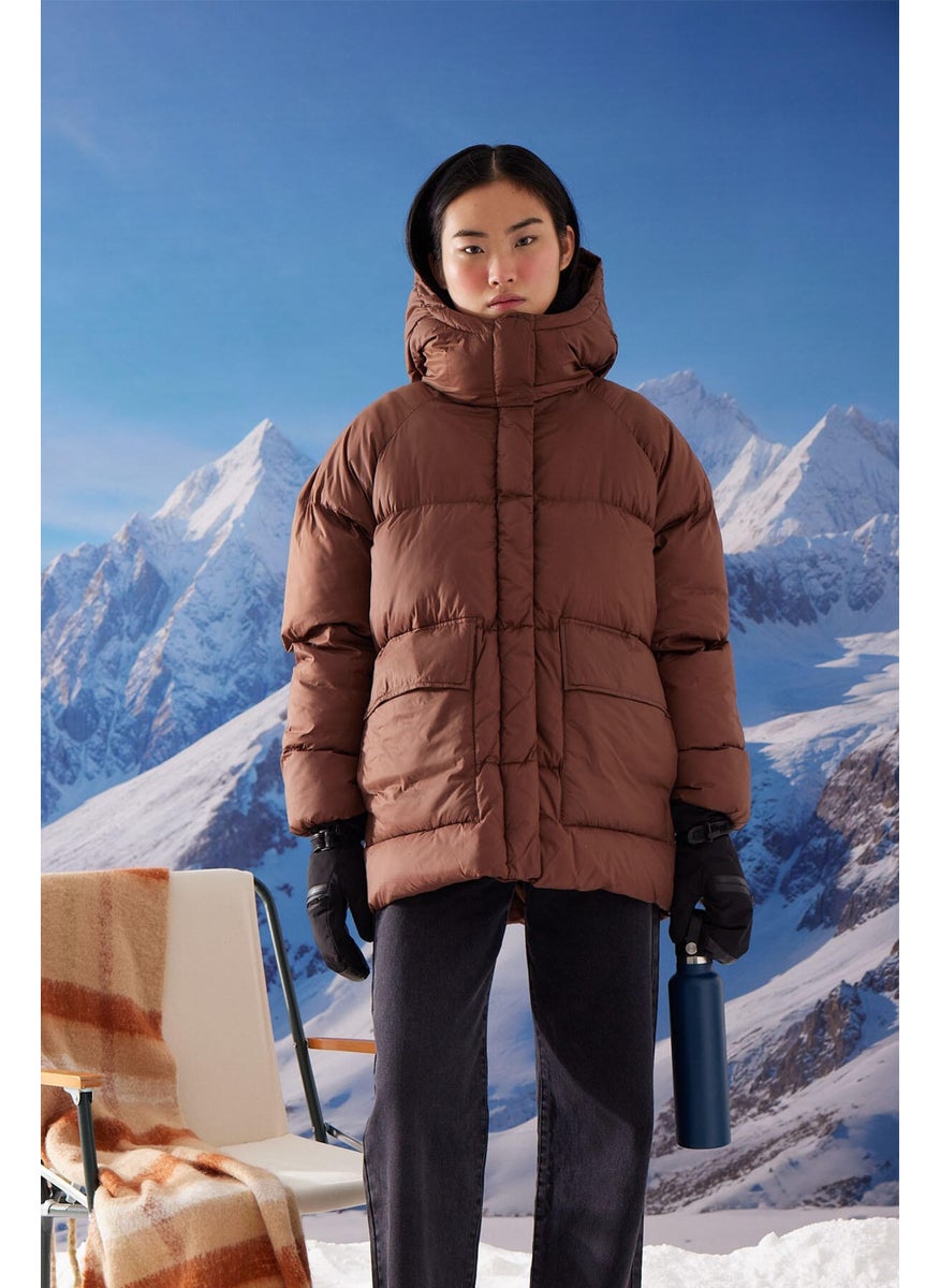 Oversize Pocketed Puffer Jacket Brown