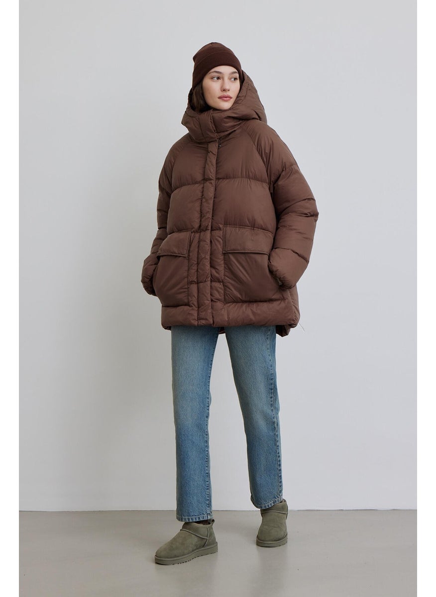 Oversize Pocketed Puffer Jacket Brown