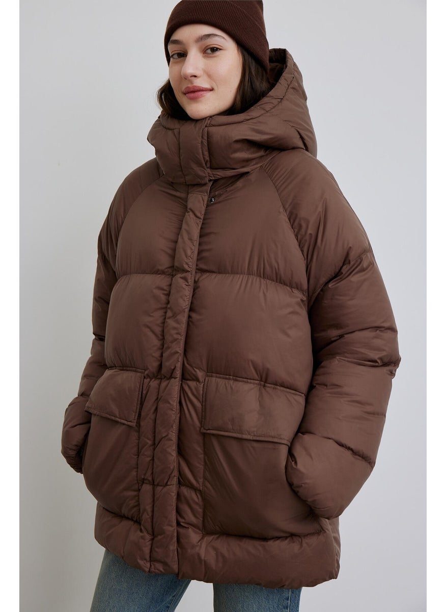 Oversize Pocketed Puffer Jacket Brown