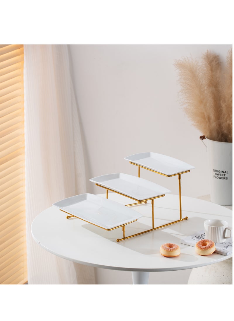 Shallow Elegant Porcelain 3 Tier Rectangle White Plate with Gold Stand (Small Plate 27cm, Mid Plate 31cm, Large Plate 35cm)