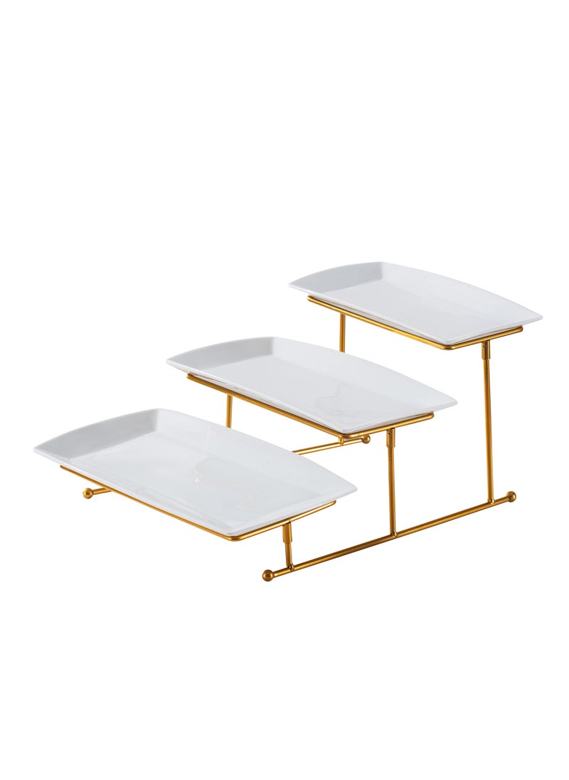 Shallow Elegant Porcelain 3 Tier Rectangle White Plate with Gold Stand (Small Plate 27cm, Mid Plate 31cm, Large Plate 35cm)