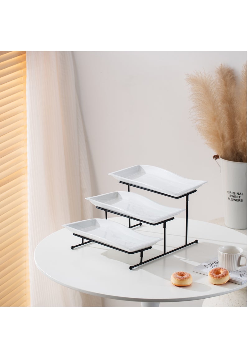 Shallow Elegant Porcelain 3 Tier Rectangle White 33cm Plate with Black Stand