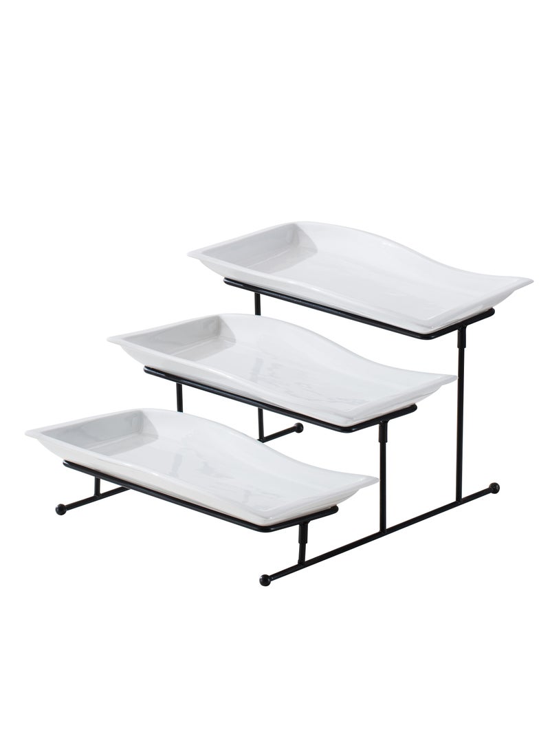 Shallow Elegant Porcelain 3 Tier Rectangle White 33cm Plate with Black Stand