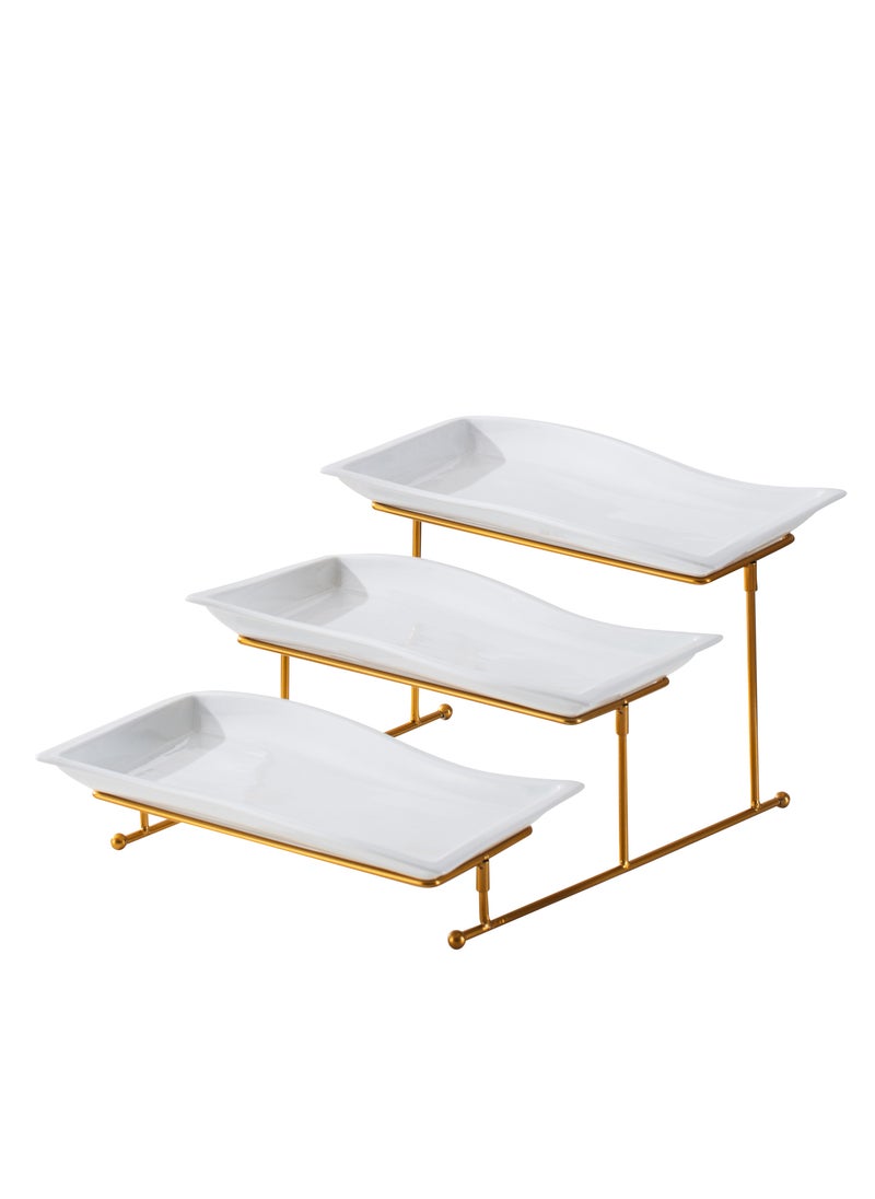 Shallow Elegant Porcelain 3 Tier Rectangle White 33cm Plate with Gold Stand