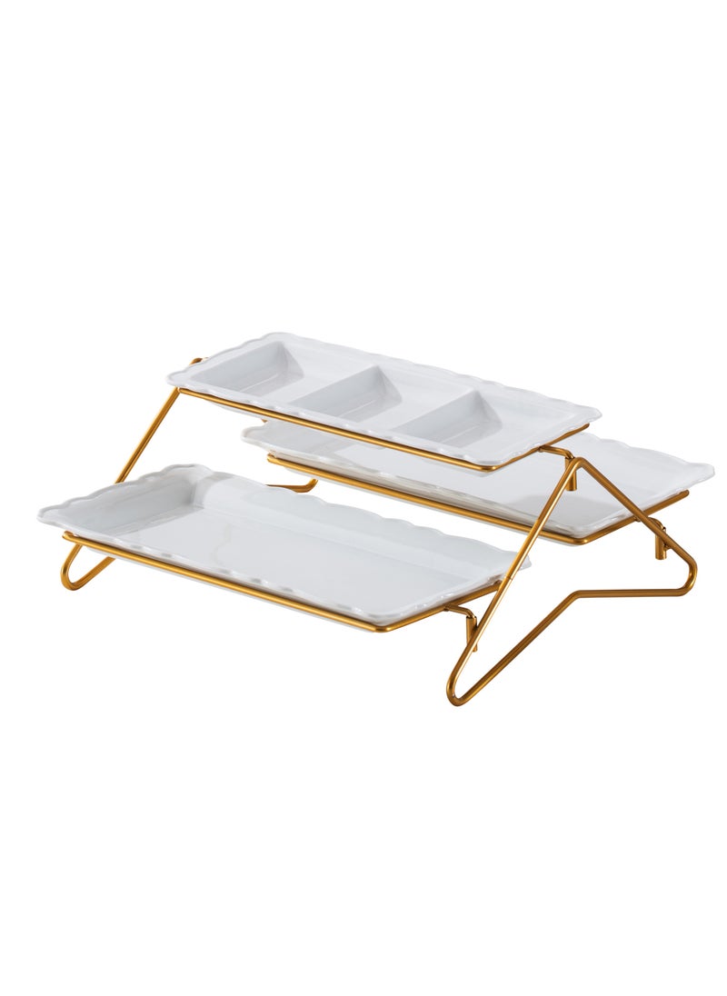 Shallow Elegant Porcelain 2 Tier Rectangle White Plate with Gold Stand (Small Plate 33cm, Large Plate 36cm)