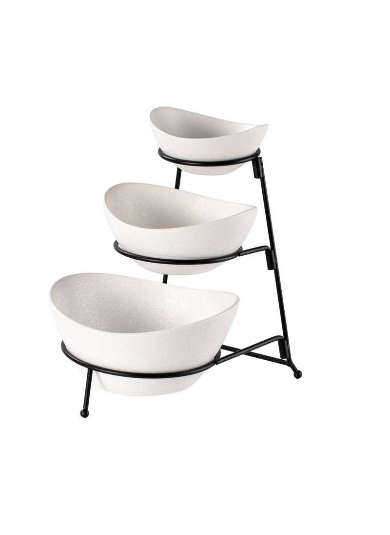 Shallow Porcelain 3-Tier Serving White Bowl Set with Sleek Black Stand (Small Bowl 13CM, Mid Bowl 16CM, Large Bowl 19CM)