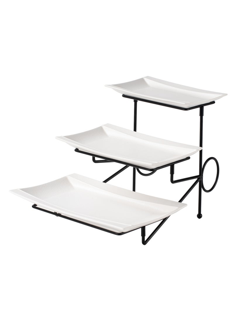 Shallow Elegant Porcelain 3 Tier White Plate with Black Stand