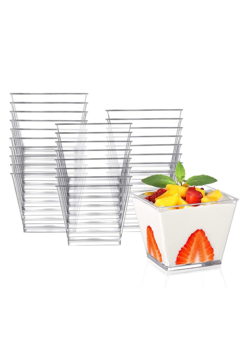 50 Pack Small Square Clear Plastic Dessert Cups with Lids and Spoons - 3.8 Oz Tumbler Cups for Desserts, Appetizers, Puddings, Ice Cream, Yogurt, Candies, and Mousse.