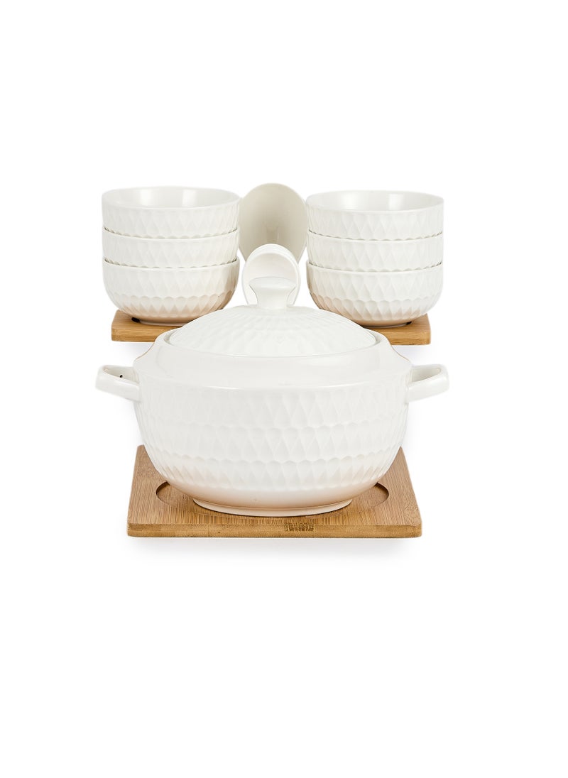 Shallow Porcelain Bamboo 1 Soup Pot, 1 Soup Spoon, 6 Bowls & 6 Spoons with Stand, White & Brown