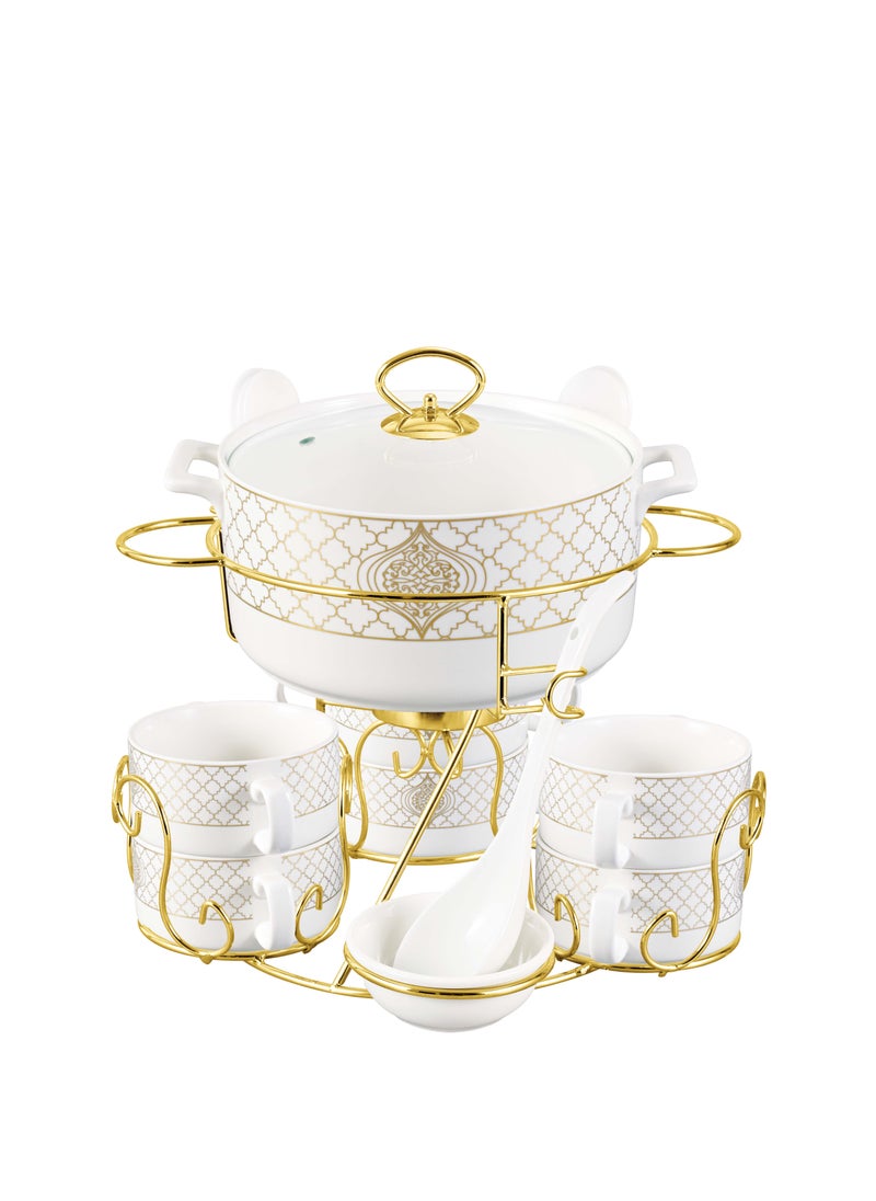 Shallow Badr 17 Piece Soup Set with Gold Stand - Luxurious White Porcelain Dinnerware for Elegant Dining, Soup Bowls