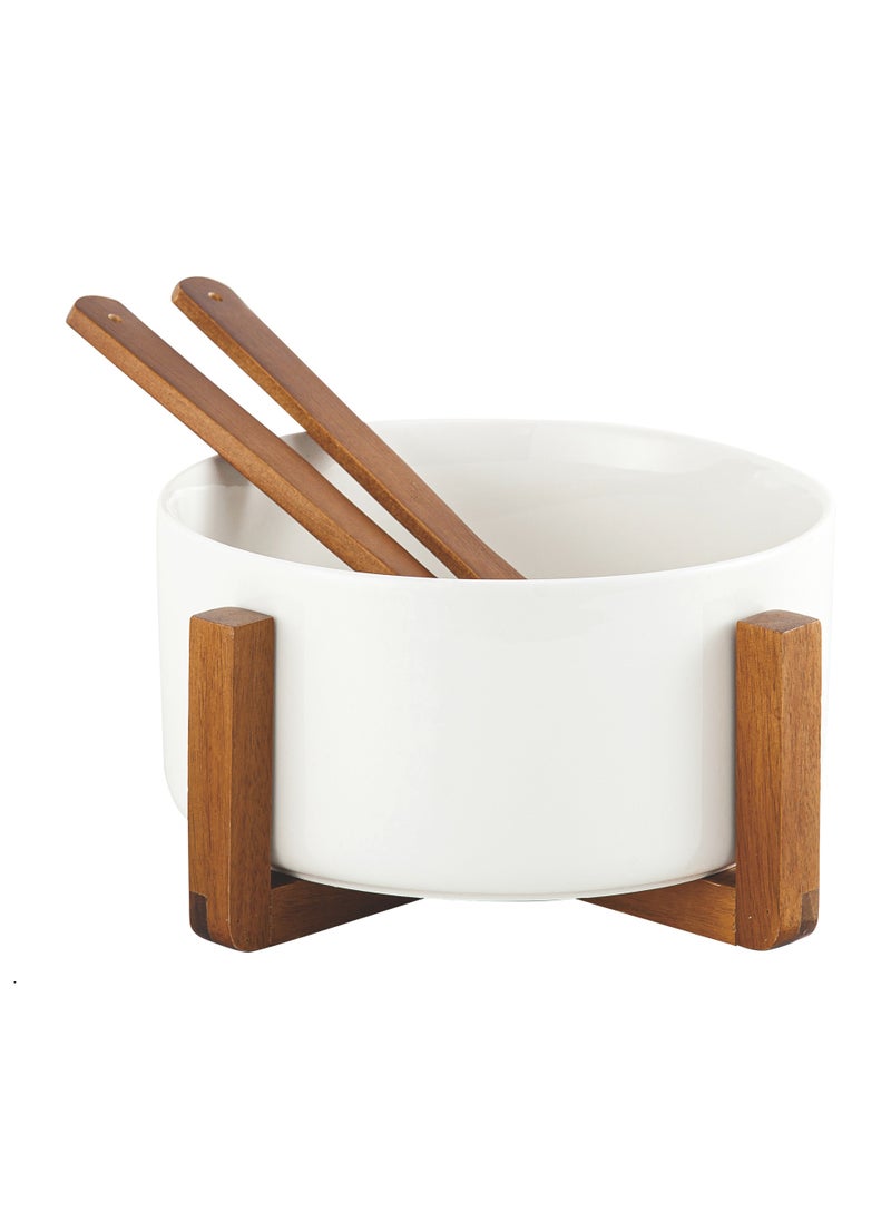 Shallow Acacia Wood Porcelain Salad Bowl with Spoon, 20cm, Dinner Bowls, White & Brown