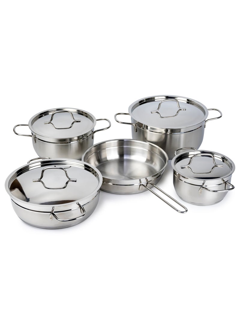 Elegance Stainless Steel 9-Piece Cookware Set - Casserole, Fry Pan Heavy Duty With Stainless Steel Handle Gas Stovetops Compatible For Family Meals