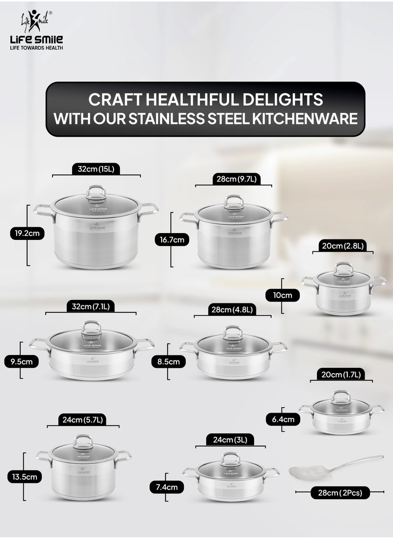 LIFE SMILE 18-Pieces Stianless Steel Cookware Set - Pure 18/10 Premium Stainless Steel Pots and Pans Set - Kitchen Set Compatible with All Stovetops Including Induction - Non-Toxic, 100% PFOA, PTFE & PFOS Free - Oven Safe (Silver)