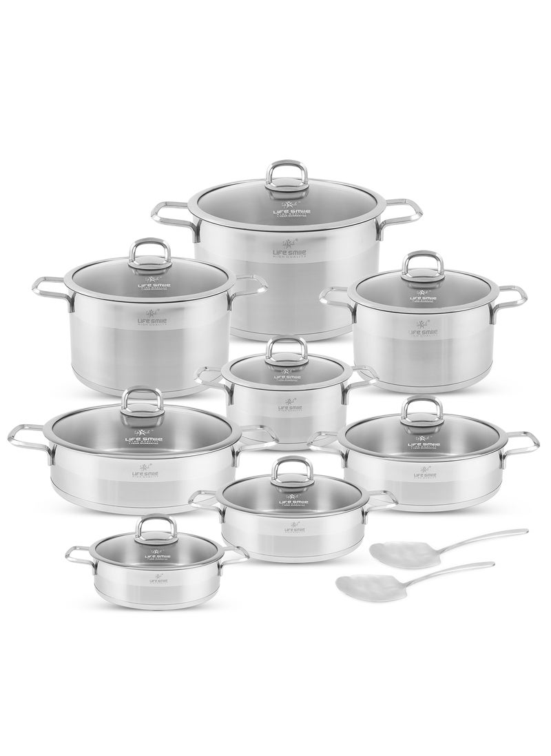 LIFE SMILE 18-Pieces Stianless Steel Cookware Set - Pure 18/10 Premium Stainless Steel Pots and Pans Set - Kitchen Set Compatible with All Stovetops Including Induction - Non-Toxic, 100% PFOA, PTFE & PFOS Free - Oven Safe (Silver)