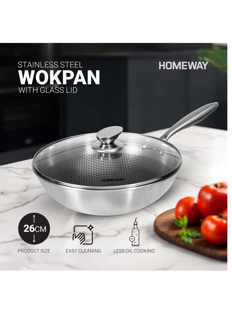 26CM Stainless Steel Honeycomb Wokpan With Lid – Nonstick, Induction & Gas Compatible With Super Durable&Highly Scratch Resistent