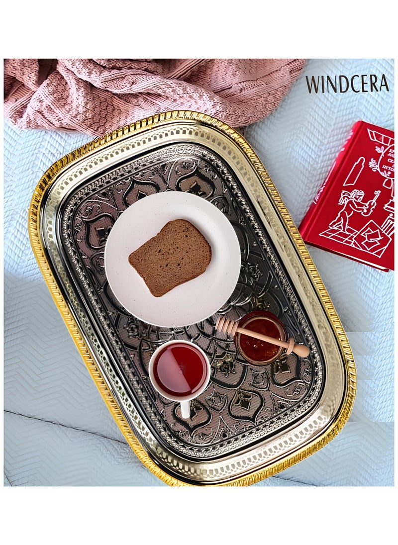 WINDCERA Oval Tray Gold & Silver Shade, Medium | Multi-Purpose for Serving Meals, Tea, Coffee, & Gifting | Plated Decorative Tray, Vanity Perfume Storage, Wedding Gifting - (55x40cm).