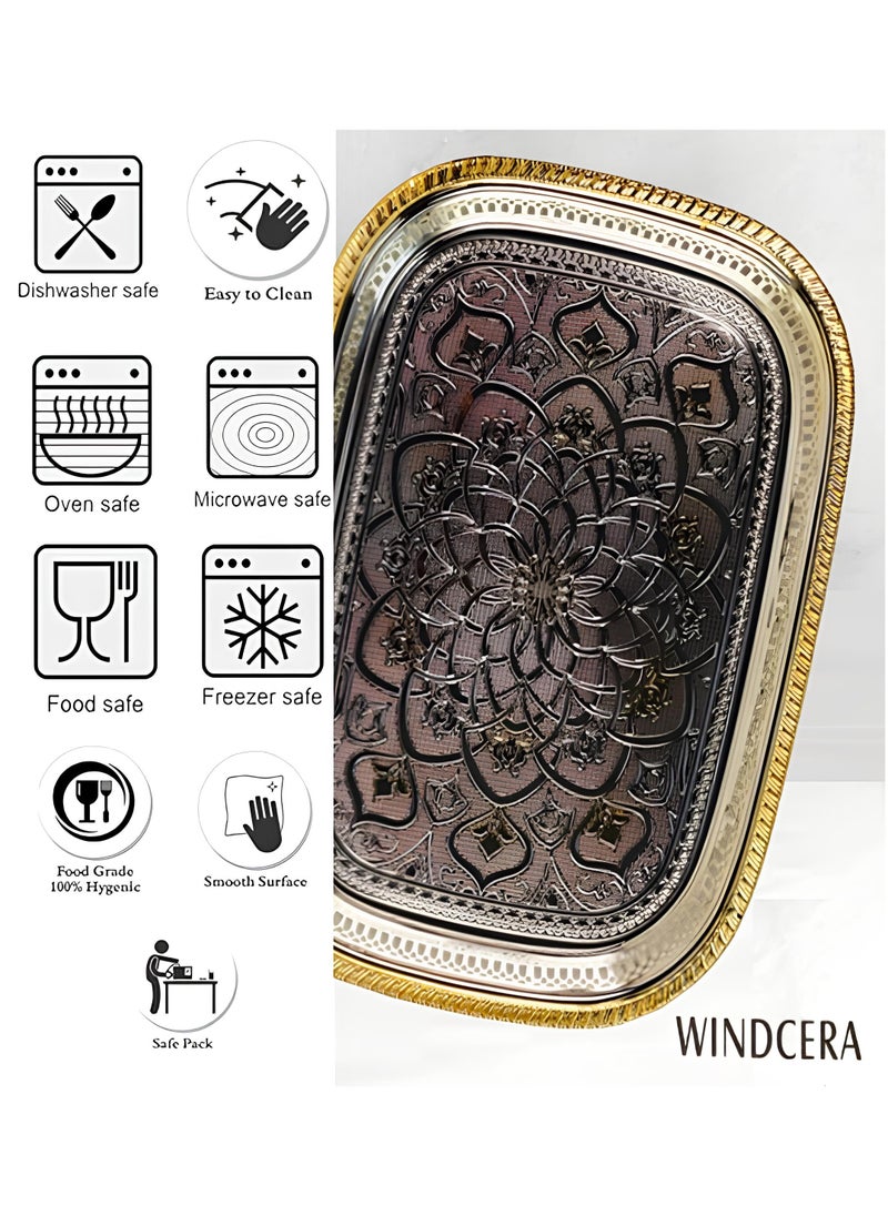 WINDCERA Oval Tray Gold & Silver Shade, Medium | Multi-Purpose for Serving Meals, Tea, Coffee, & Gifting | Plated Decorative Tray, Vanity Perfume Storage, Wedding Gifting - (55x40cm).