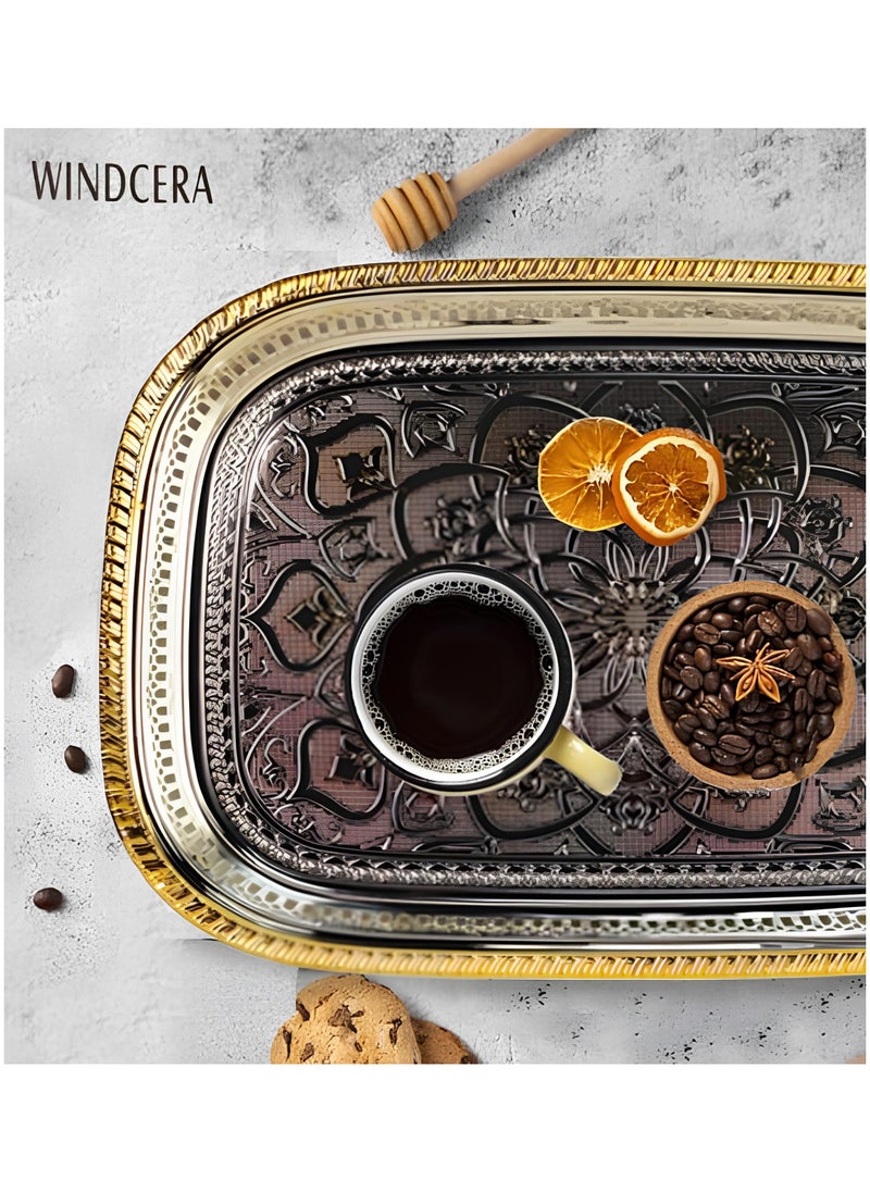 WINDCERA Oval Tray Gold & Silver Shade, Medium | Multi-Purpose for Serving Meals, Tea, Coffee, & Gifting | Plated Decorative Tray, Vanity Perfume Storage, Wedding Gifting - (55x40cm).