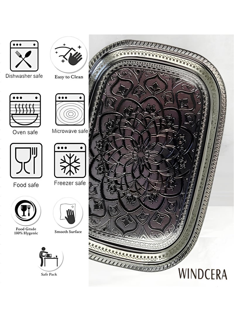 WINDCERA Oval Tray, Silver Shade, Medium | Multi-Purpose for Serving Meals, Tea, Coffee, & Gifting | Plated Decorative Tray, Vanity Perfume Storage, Wedding Gifting - (55x40cm).