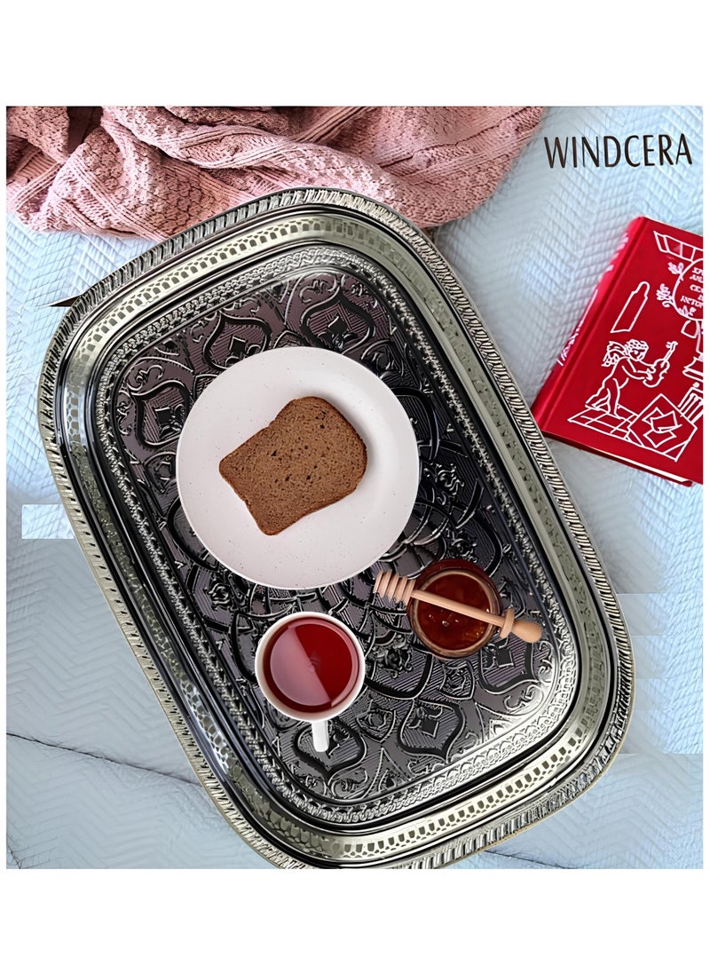 WINDCERA Oval Tray, Silver Shade, Medium | Multi-Purpose for Serving Meals, Tea, Coffee, & Gifting | Plated Decorative Tray, Vanity Perfume Storage, Wedding Gifting - (55x40cm).