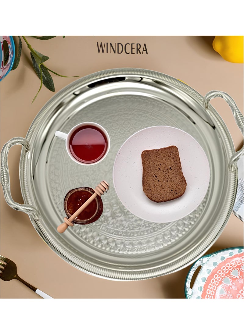 WINDCERA Round Tray Silver-Small with Handle | Multi-Purpose for Serving Meals, Tea, Coffee, & Gifting | Plated Decorative Tray, Vanity Storage, Wedding Gifting - (55x40cm).