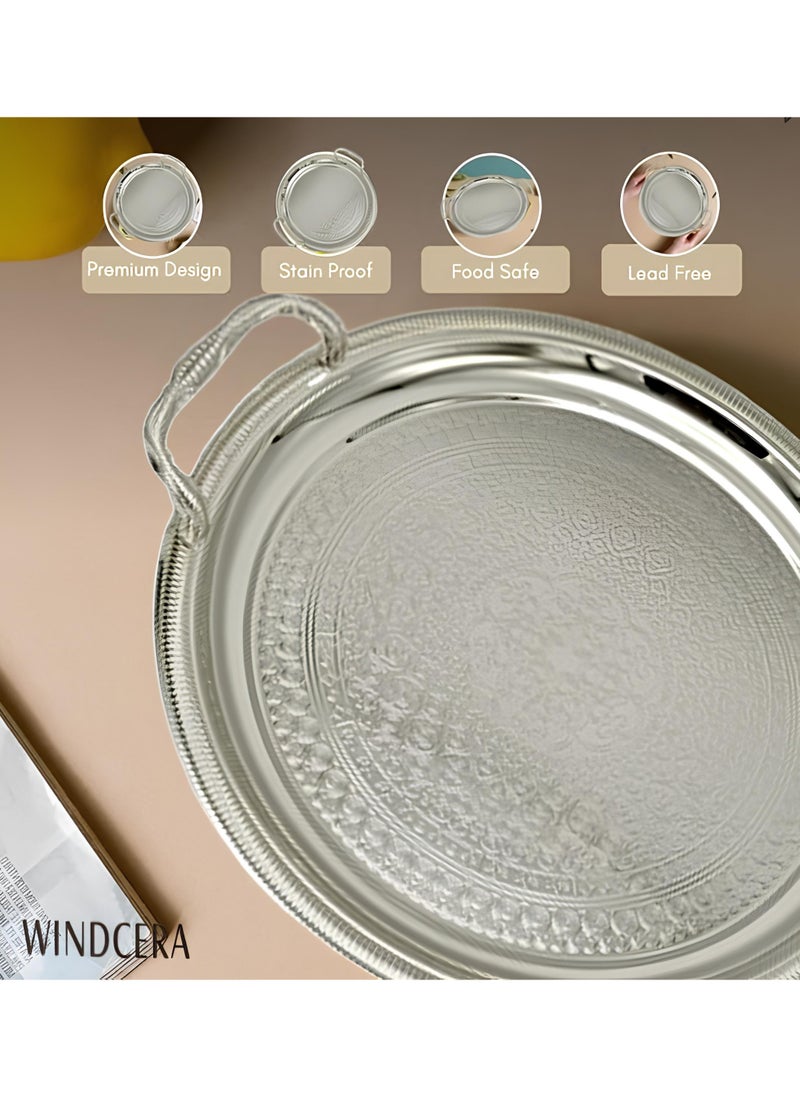 WINDCERA Round Tray Silver-Small with Handle | Multi-Purpose for Serving Meals, Tea, Coffee, & Gifting | Plated Decorative Tray, Vanity Storage, Wedding Gifting - (55x40cm).