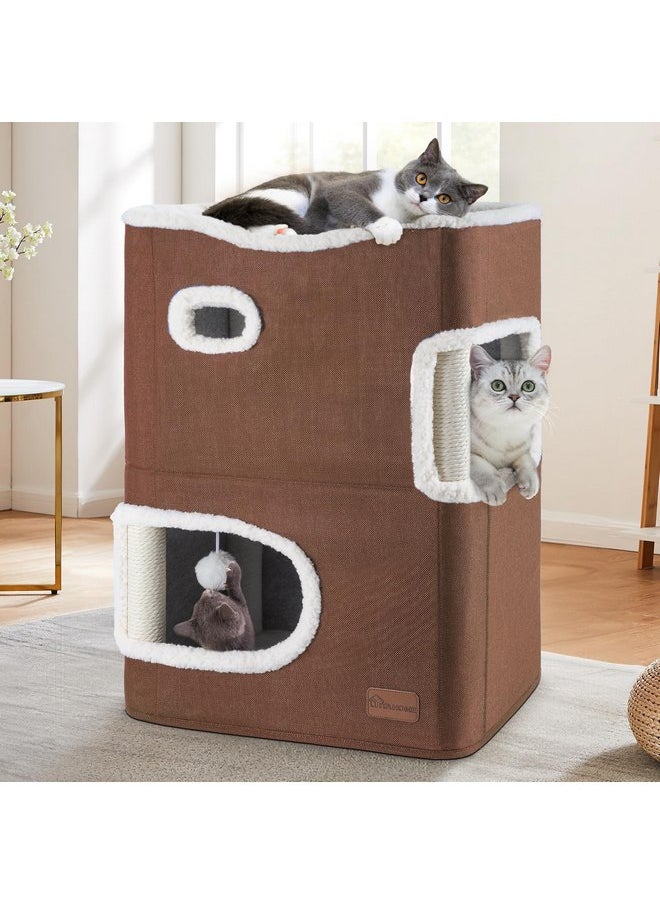 YITAHOME 2-Tier Cat House, Indoor Cat Cave Bed Playhouse, Cat Tunnels with Scratch Pad and Hideaway Cube, Cute Modern Cat Condo Furniture for Multi Small Cats, Classic (Brown)