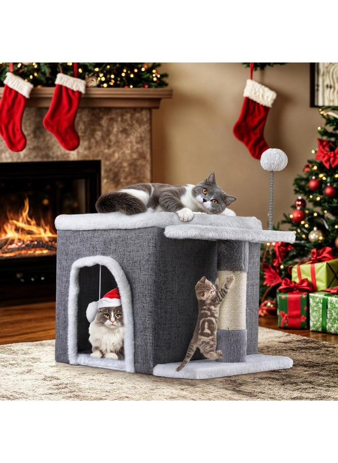 YITAHOME Cat Bed for Indoor Cats Cube House, Covered Cat House with Fluffy Ball Hanging and Nature Sisal Post,Cat Cave Bed Playhouse, Cute Cat Condo for Multi Small Pet Kitten (Grey)