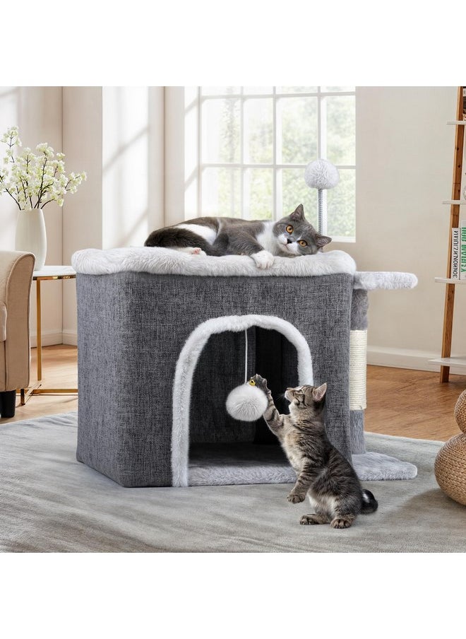 YITAHOME Cat Bed for Indoor Cats Cube House, Covered Cat House with Fluffy Ball Hanging and Nature Sisal Post,Cat Cave Bed Playhouse, Cute Cat Condo for Multi Small Pet Kitten (Grey)