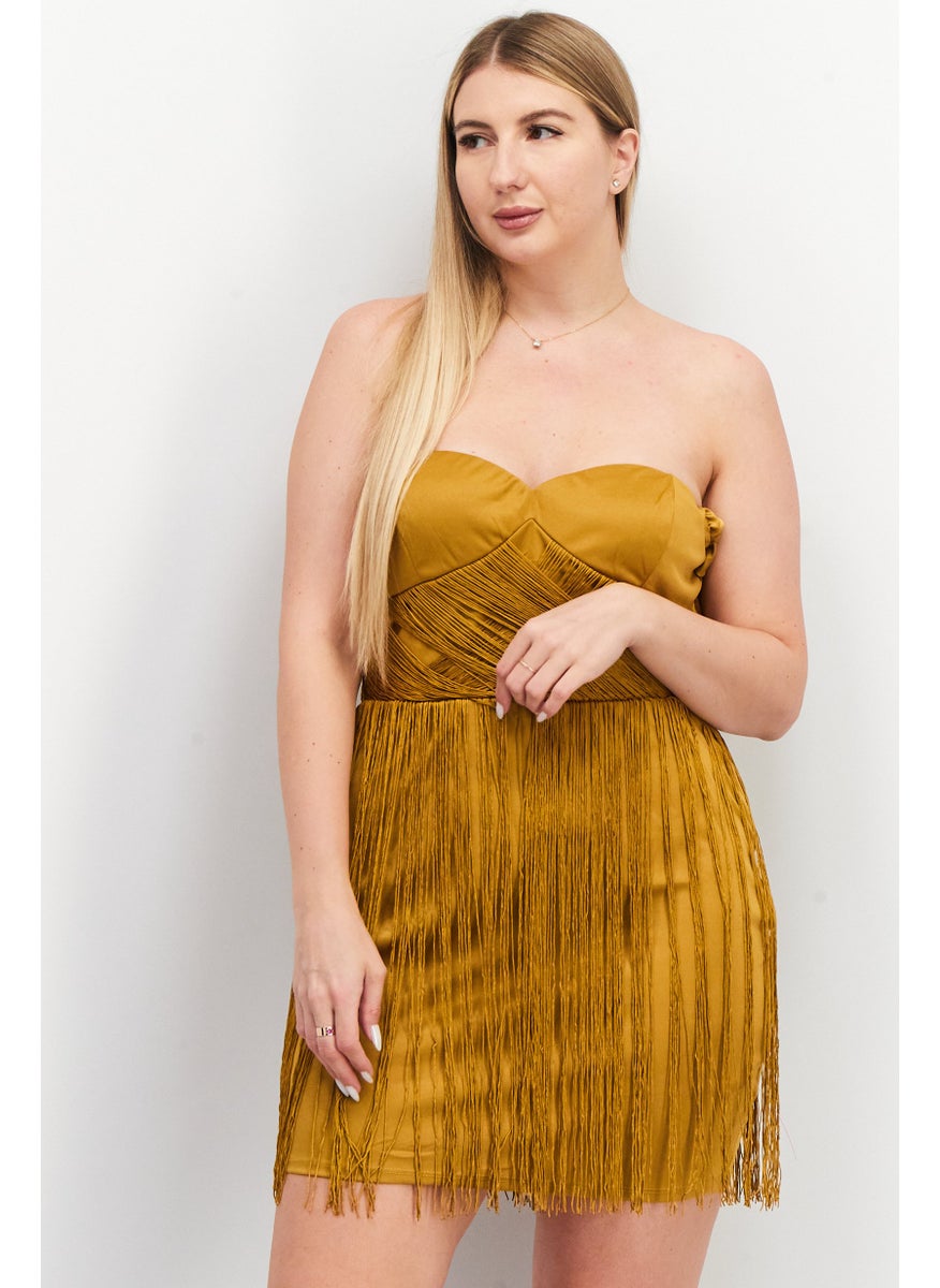 Women Sweetheart Neck Fringed Hem Mini Dress, Gold